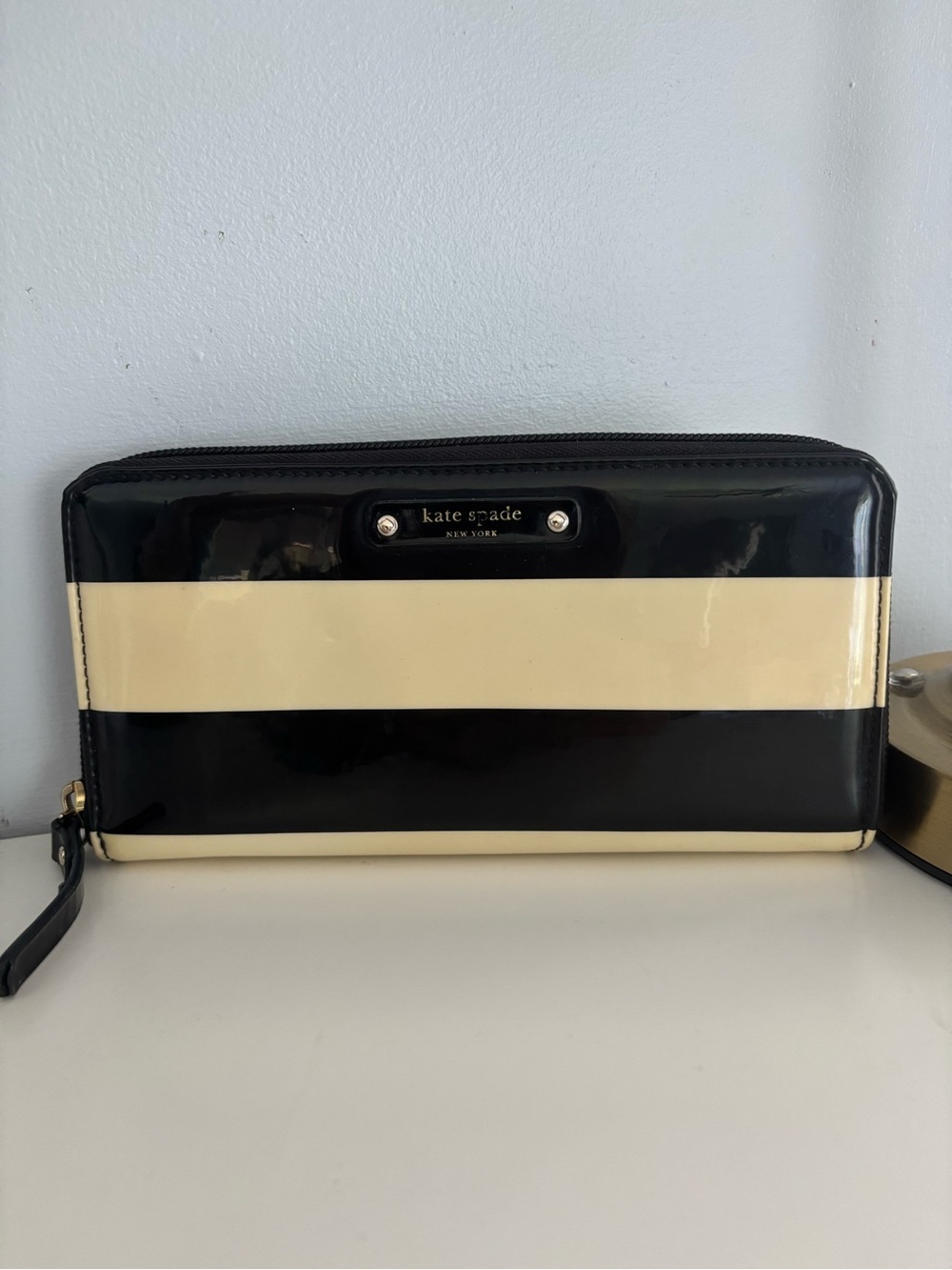 kate spade Black and Cream Patent Stripe Zip-Around Wallet